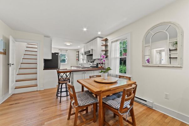 Dining room, Interior, Kitchen, Recessed Lighting, Wood Texture Flooring