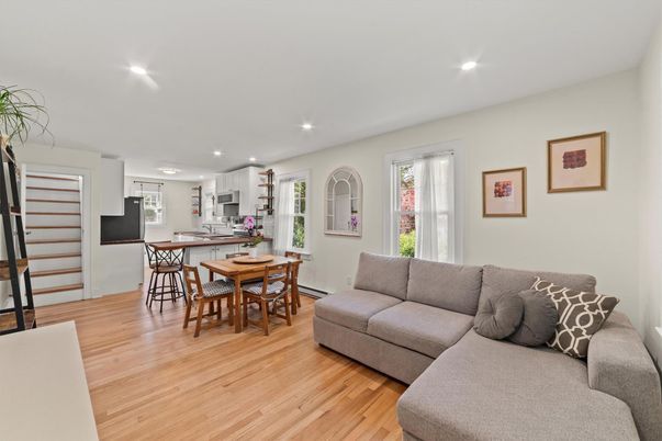 Dining room, Interior, Kitchen, Living room, Recessed Lighting, Wood Texture Flooring