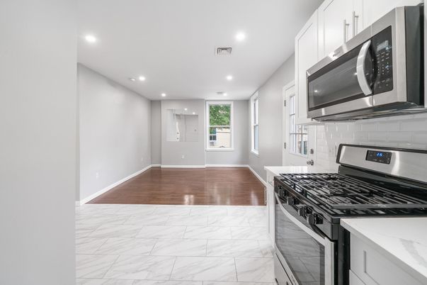 Interior, Kitchen, Marble, Recessed Lighting, Wood Texture Flooring