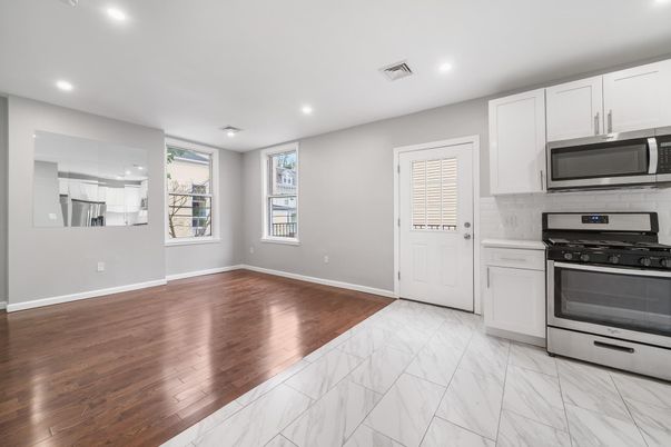 Interior, Kitchen, Marble, Recessed Lighting, Wood Texture Flooring