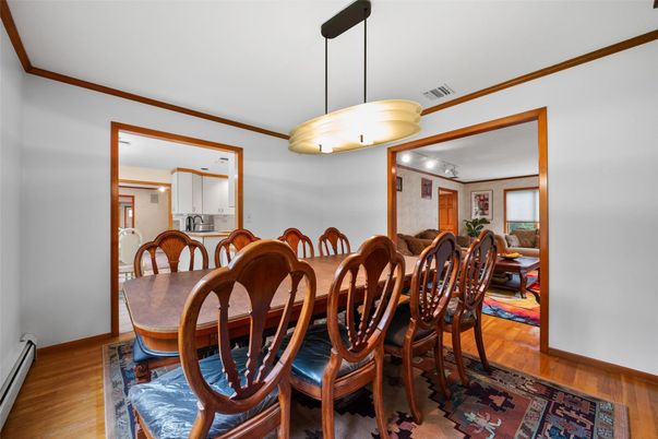 Dining room, Interior, Pendant Lights, Wood Texture Flooring