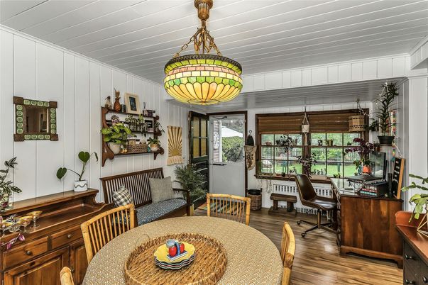 Dining room, Interior, Pendant Lights, Wood Texture Flooring