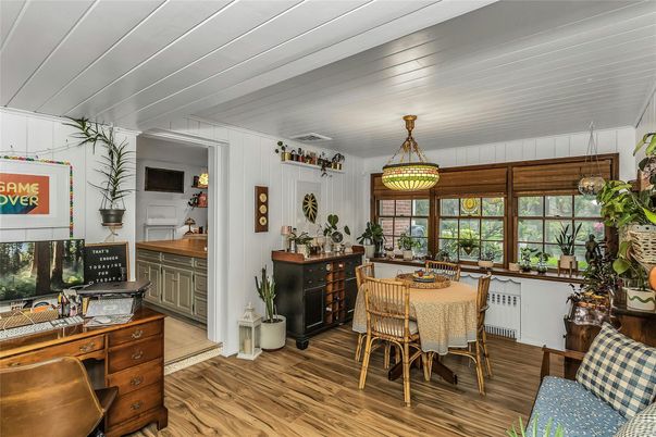 Dining room, Interior, Pendant Lights, Wood Texture Flooring