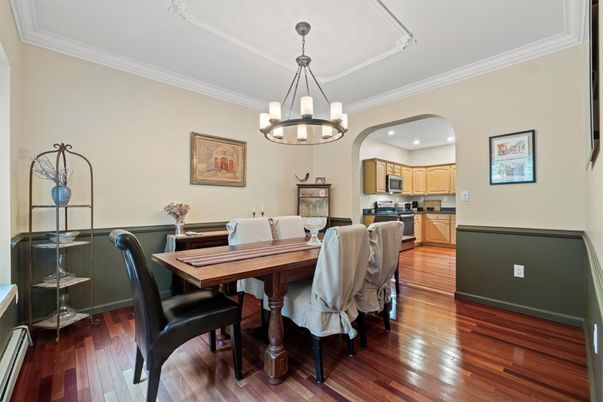 Chandelier, Dining room, Interior, Kitchen, Recessed Lighting, Wood Texture Flooring