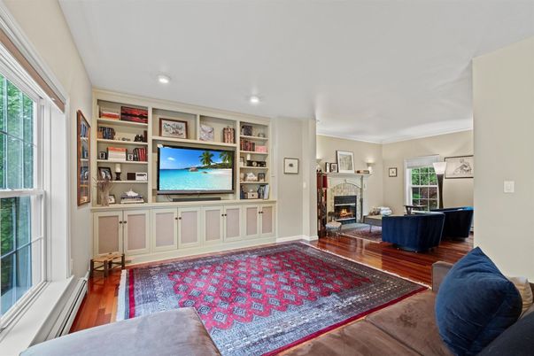 Fireplace, Interior, Living room, Recessed Lighting, Wood Texture Flooring