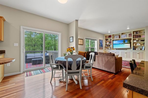 Dining room, Interior, Living room, Recessed Lighting, Wood Texture Flooring