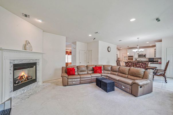 Dining room, Fireplace, Interior, Kitchen, Living room, Pendant Lights, Recessed Lighting