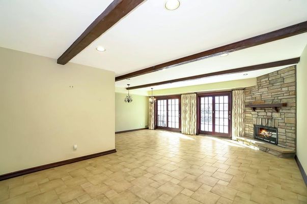 Empty room, Fireplace, Interior, Pendant Lights, Recessed Lighting, Wooden Beams