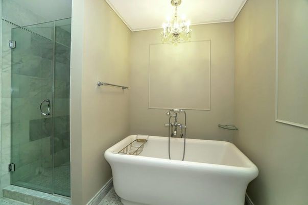 Bathroom, Chandelier, Free Standing Baths, Glass Shower, Interior, Marble Walls