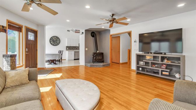 Fireplace, Interior, Recessed Lighting, Wood Texture Flooring