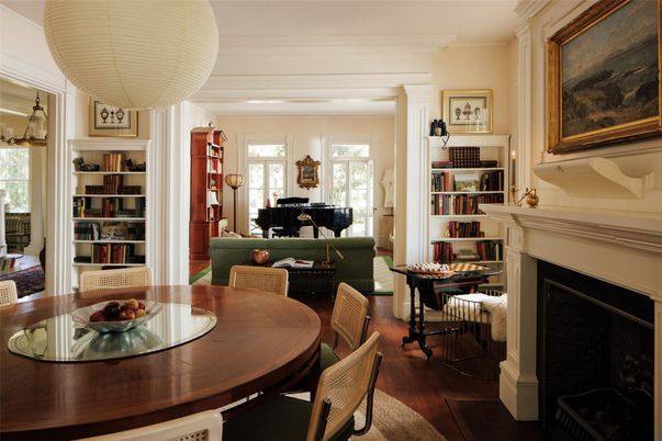 Dining room, Fireplace, Interior, Living room, Piano, Wood Texture Flooring