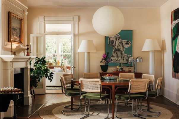 Dining room, Fireplace, Interior, Pendant Lights, Wood Texture Flooring
