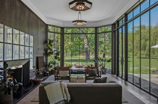 Fireplace, Interior, Living room, Sun Room, Wood Texture Flooring
