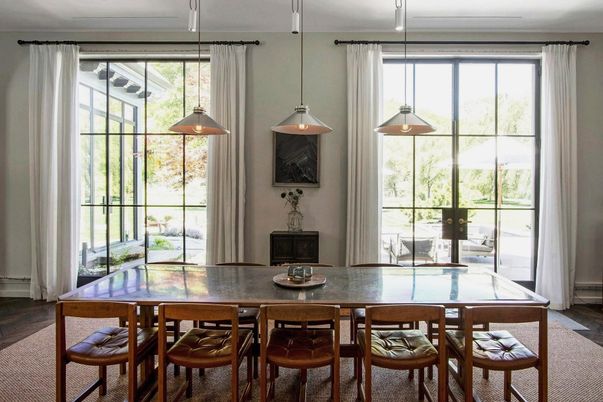Dining room, Interior, Pendant Lights, Wood Texture Flooring