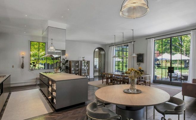 Dining room, Interior, Pendant Lights, Recessed Lighting, Wood Texture Flooring