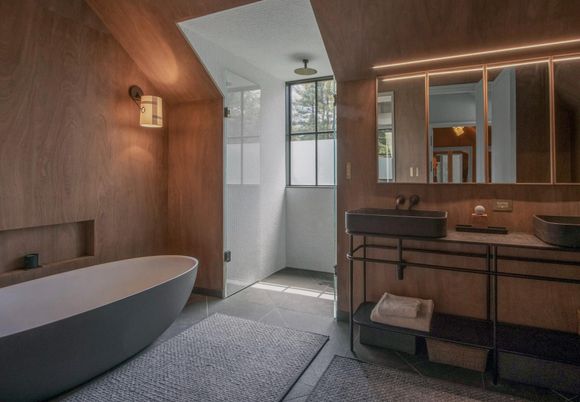 Bathroom, Dual Sink Vanities, Free Standing Baths, Interior, Wooden Walls
