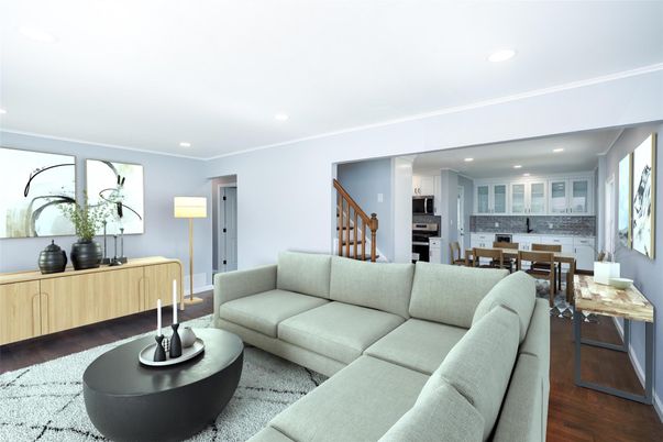 Dining room, Interior, Kitchen, Living room, Recessed Lighting, Stainless Steel Appliances, Wood Texture Flooring