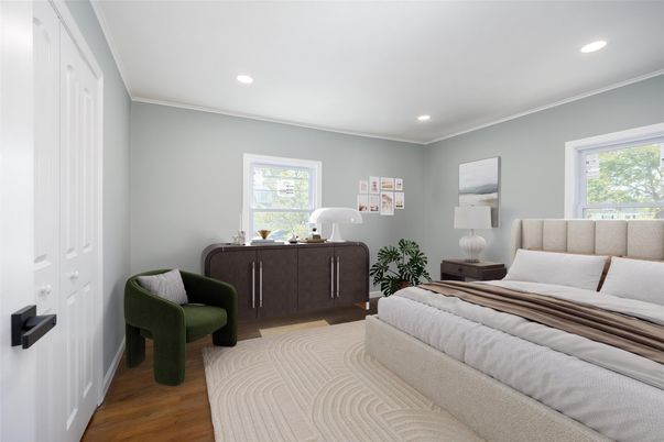 Bedroom, Interior, Recessed Lighting, Wood Texture Flooring