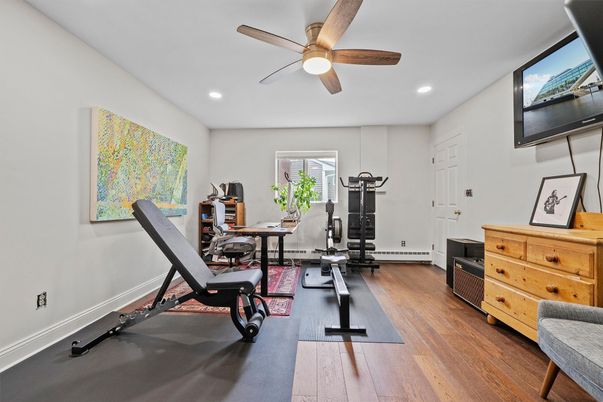 Fitness Equipment, Home Office, Interior, Recessed Lighting, Wood Texture Flooring