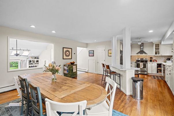 Dining room, Interior, Kitchen, Recessed Lighting, Stainless Steel Appliances, Wood Texture Flooring