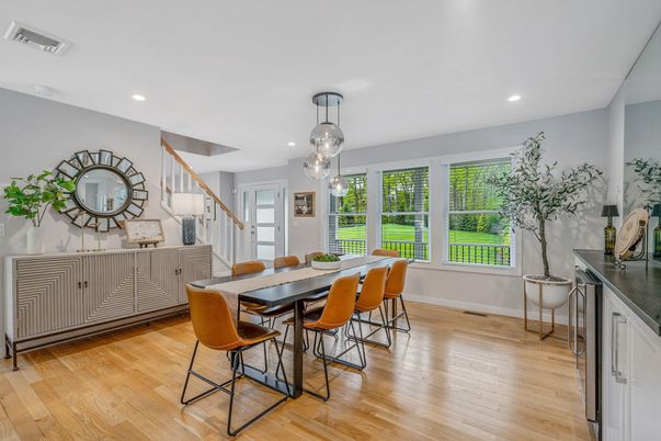 Dining room, Interior, Pendant Lights, Recessed Lighting, Wood Texture Flooring
