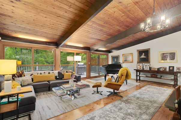 Interior, Living room, Pendant Lights, Piano, Wooden Beams, Wooden Ceilings, Wood Texture Flooring