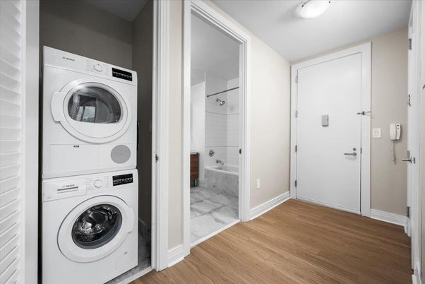 Bathroom, Interior, Utility Closets, Washer, Wood Texture Flooring