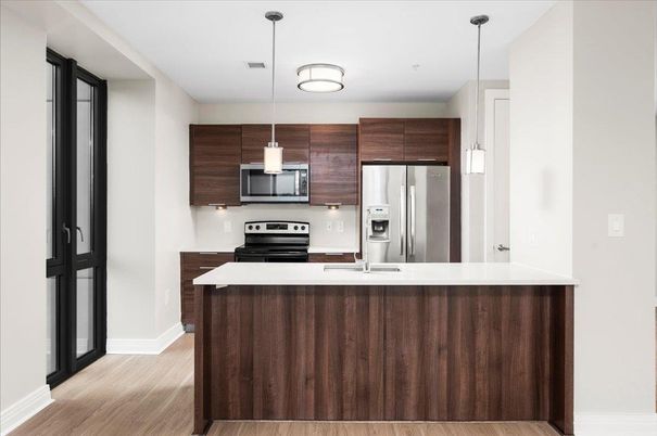 Interior, Kitchen, Pendant Lights, Stainless Steel Appliances, Wood Texture Flooring