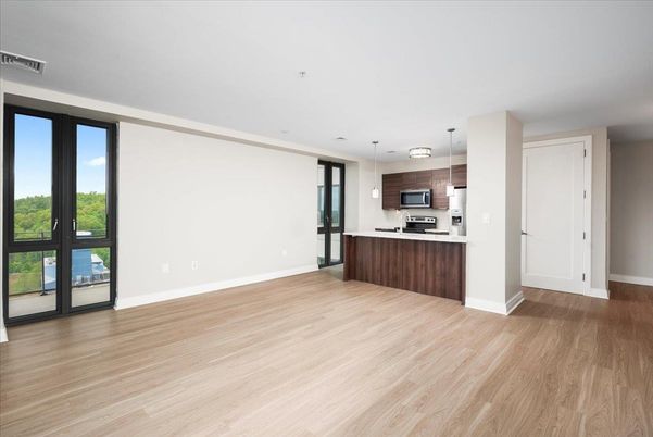 Empty room, Interior, Kitchen, Pendant Lights, Stainless Steel Appliances, Wood Texture Flooring