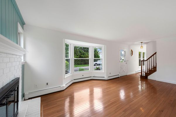 Empty room, Fireplace, Interior, Pendant Lights, Wood Texture Flooring