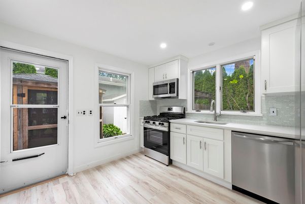 Interior, Kitchen, Recessed Lighting, Stainless Steel Appliances, Wood Texture Flooring