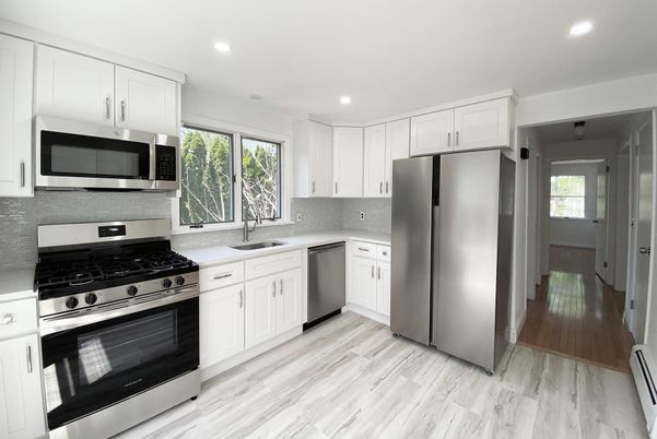 Interior, Kitchen, Recessed Lighting, Stainless Steel Appliances, Wood Texture Flooring