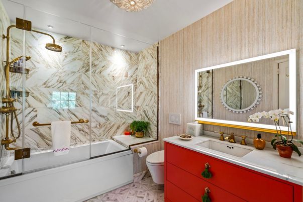 Bathroom, Glass Shower, Interior, Marble Walls, Recessed Lighting