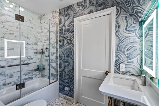 Bathroom, Glass Shower, Interior, Marble Walls, Recessed Lighting