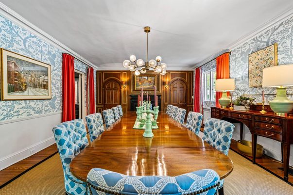 Dining room, Interior, Pendant Lights, Wood Texture Flooring