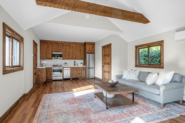 Interior, Kitchen, Living room, Recessed Lighting, Stainless Steel Appliances, Wood Texture Flooring