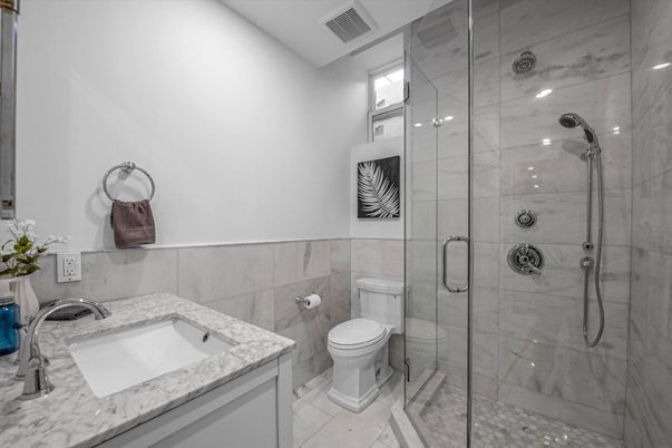 Bathroom, Glass Shower, Interior, Marble Walls, Recessed Lighting