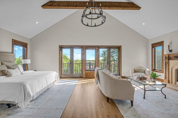 Bedroom, Fireplace, Interior, Recessed Lighting, Wooden Beams, Wood Texture Flooring