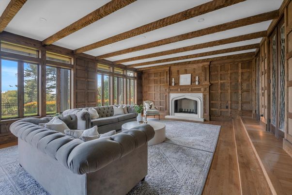 Fireplace, Interior, Living room, Recessed Lighting, Wooden Beams, Wood Texture Flooring, Wooden Walls