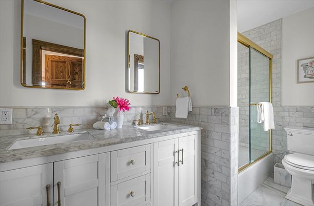 Bathroom, Dual Sink Vanities, Glass Shower, Interior, Marble, Marble Walls