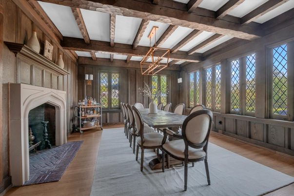 Dining room, Fireplace, Interior, Pendant Lights, Wooden Beams, Wood Texture Flooring