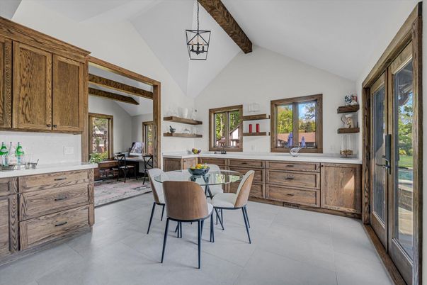 Dining room, Interior, Kitchen, Pendant Lights, Wooden Beams