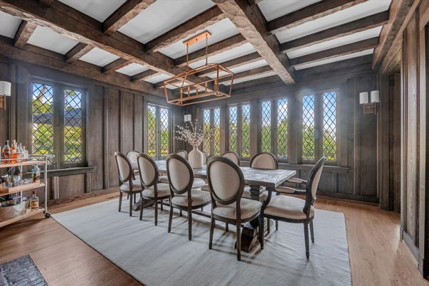 Dining room, Interior, Pendant Lights, Wooden Beams, Wood Texture Flooring
