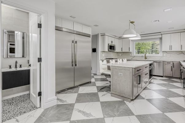 Interior, Kitchen, Marble, Pendant Lights, Recessed Lighting, Stainless Steel Appliances