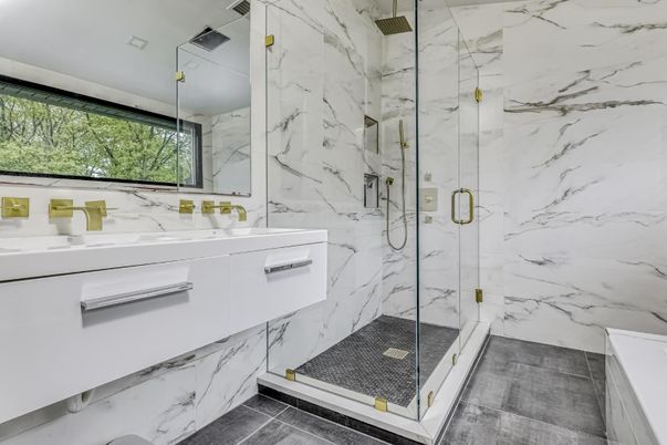 Bathroom, Glass Shower, Interior, Marble Walls