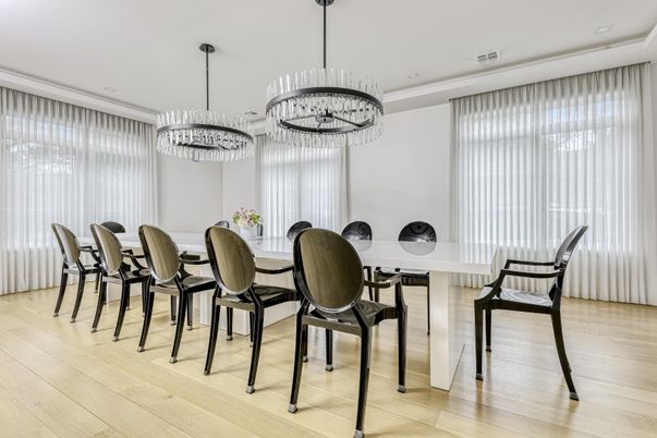 Chandelier, Dining room, Interior, Pendant Lights, Recessed Lighting, Wood Texture Flooring