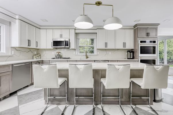 Interior, Kitchen, Marble, Marble Walls, Pendant Lights, Stainless Steel Appliances