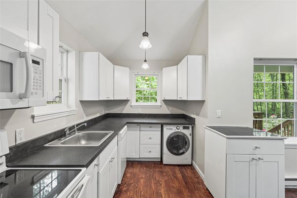 Interior, Kitchen, Pendant Lights, Washer, Wood Texture Flooring