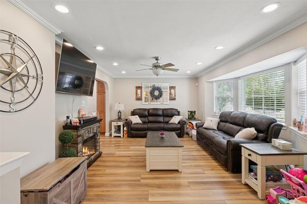 Fireplace, Interior, Living room, Recessed Lighting, Wood Texture Flooring