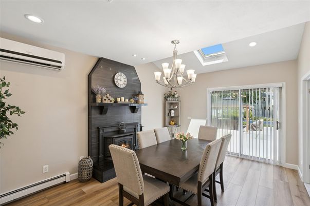 Chandelier, Dining room, Fireplace, Interior, Recessed Lighting, Wood Texture Flooring